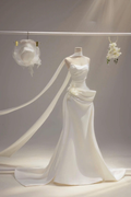 Draped Strapless Floral Satin Wedding Gown