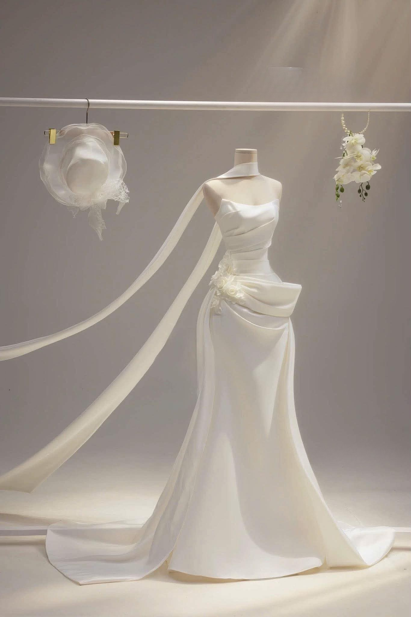 Draped Strapless Floral Satin Wedding Gown