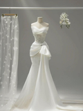Off‑Shoulder Beaded Satin Draped Wedding Gown