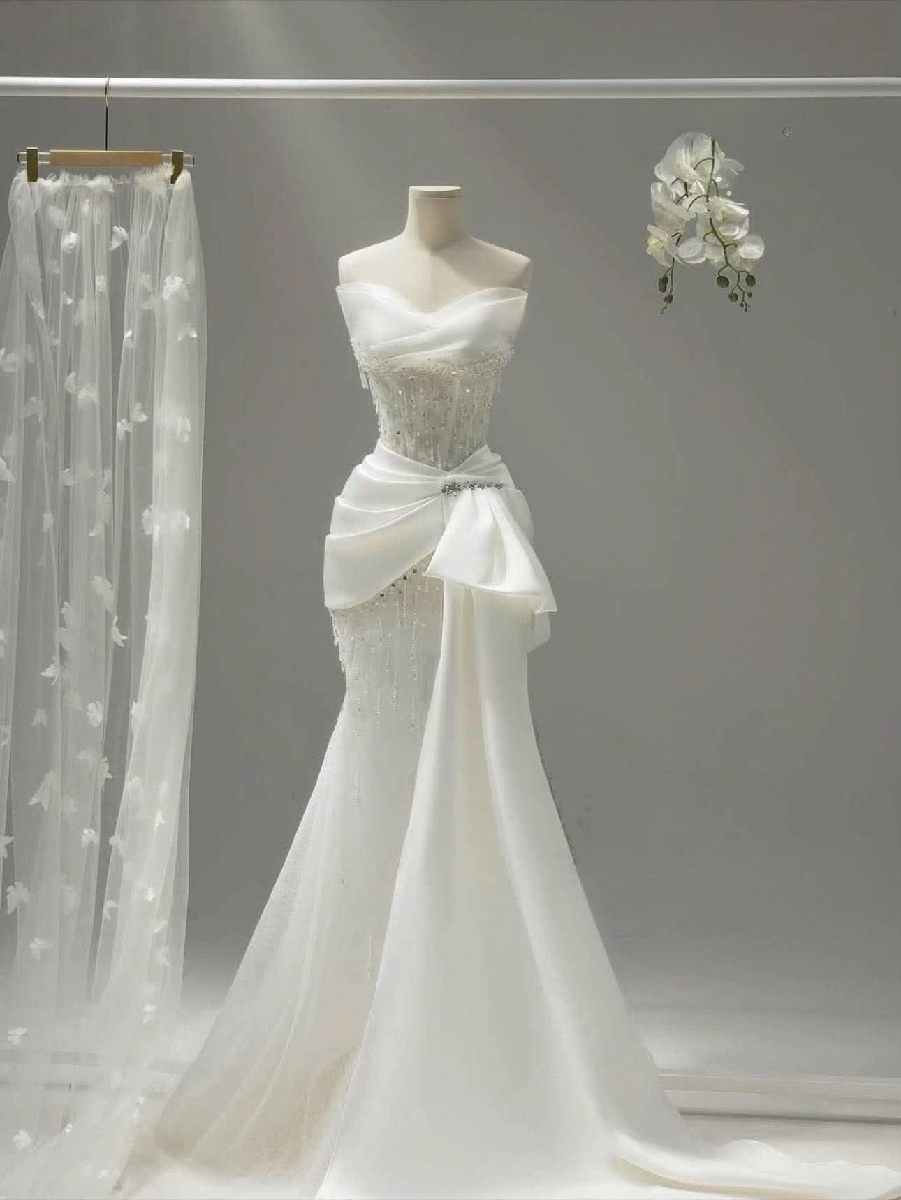 Off‑Shoulder Beaded Satin Draped Wedding Gown