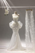 Pleated Mermaid Wedding Gown with Winged Tulle Accents