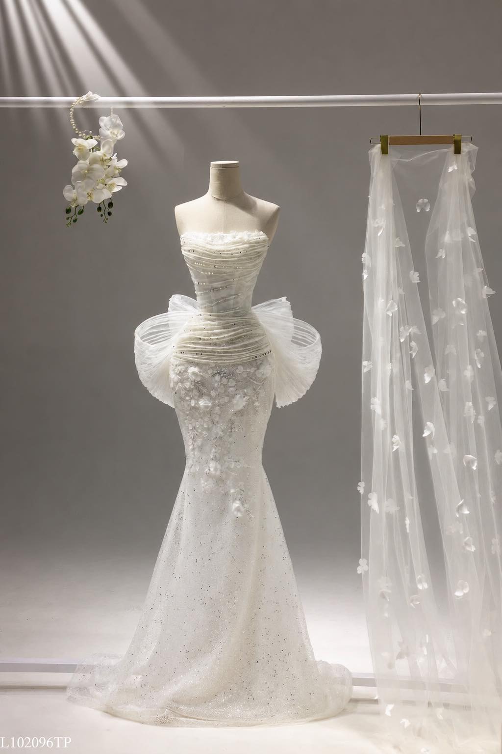 Pleated Mermaid Wedding Gown with Winged Tulle Accents
