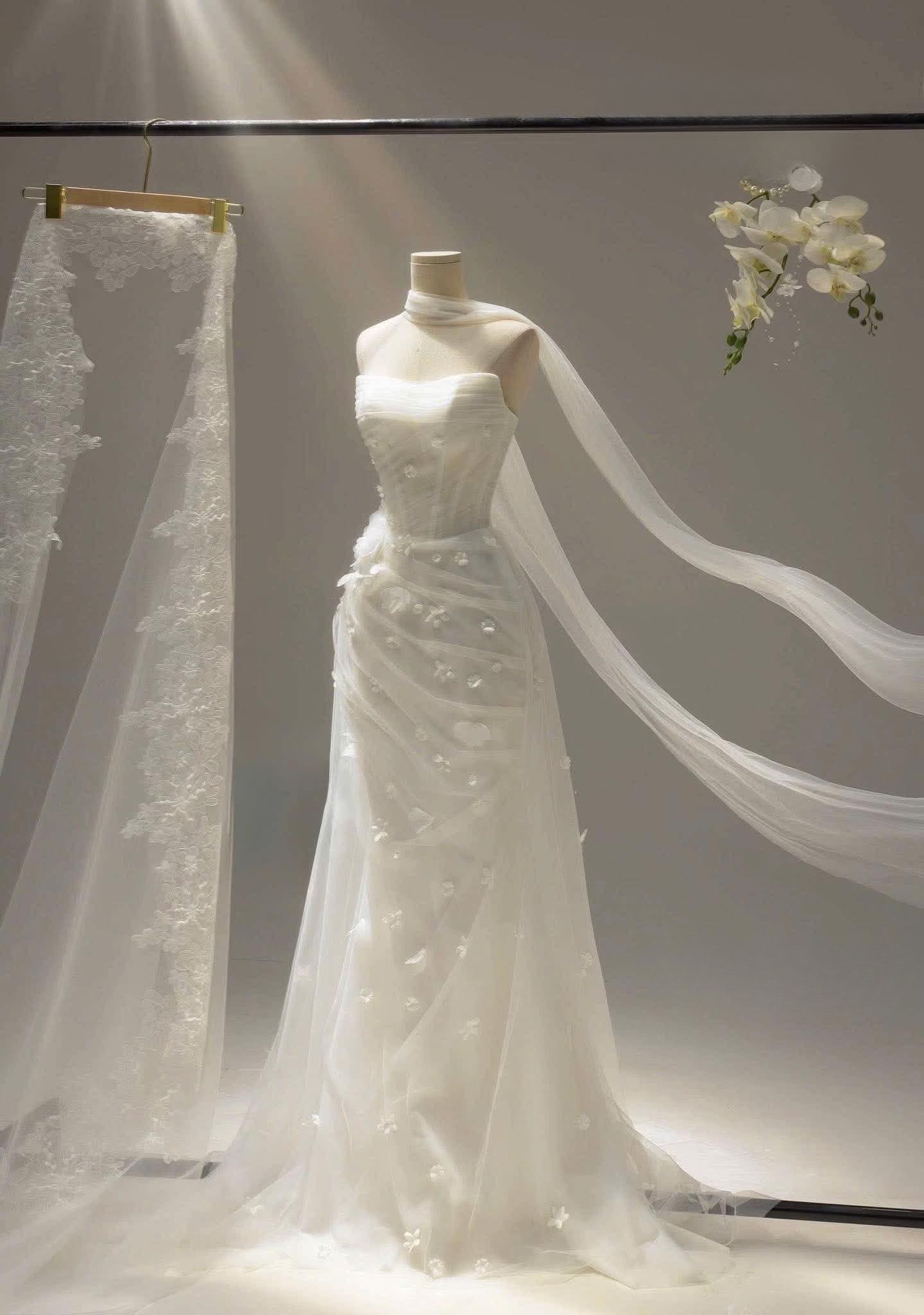 Strapless Floral Appliqué Tulle Wedding Gown